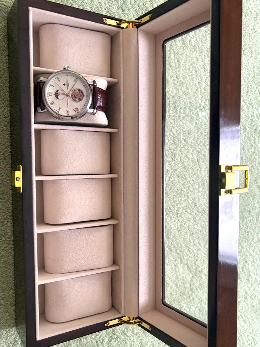 Custom Handmade Mechanical Watch + 6-Slot Wooden Display Case Bundle